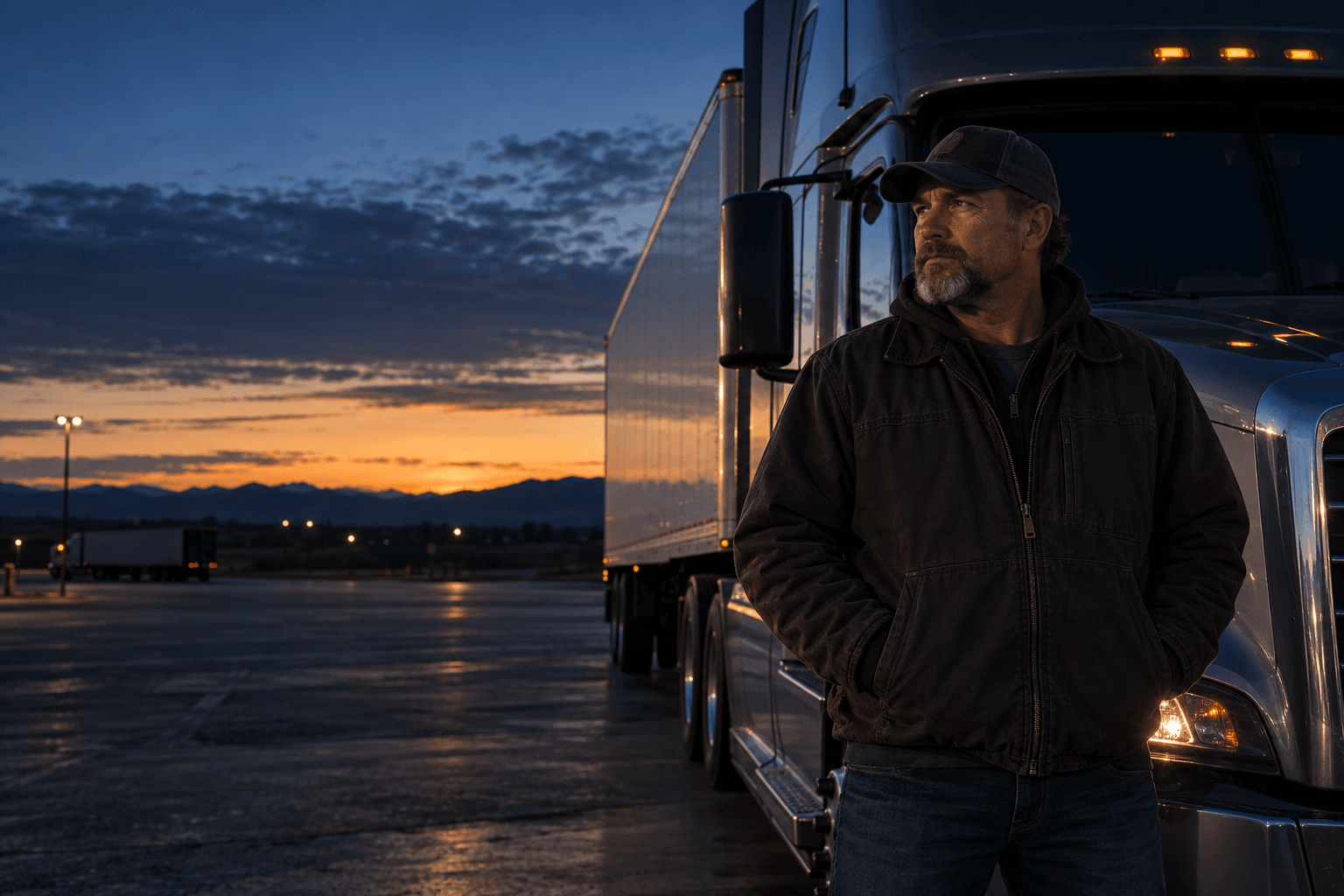Professional CDL driver beside an unbranded semi truck before sunrise