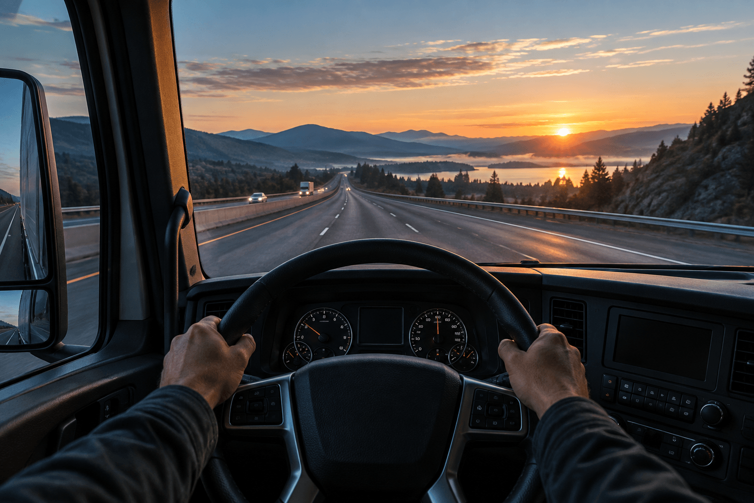 Open highway at sunrise viewed safely from inside a truck cab